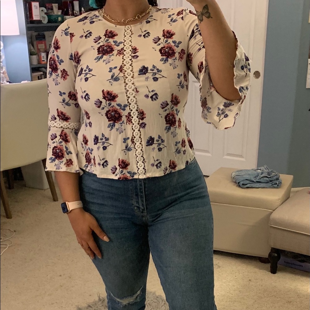 Tie back lace trim blouse